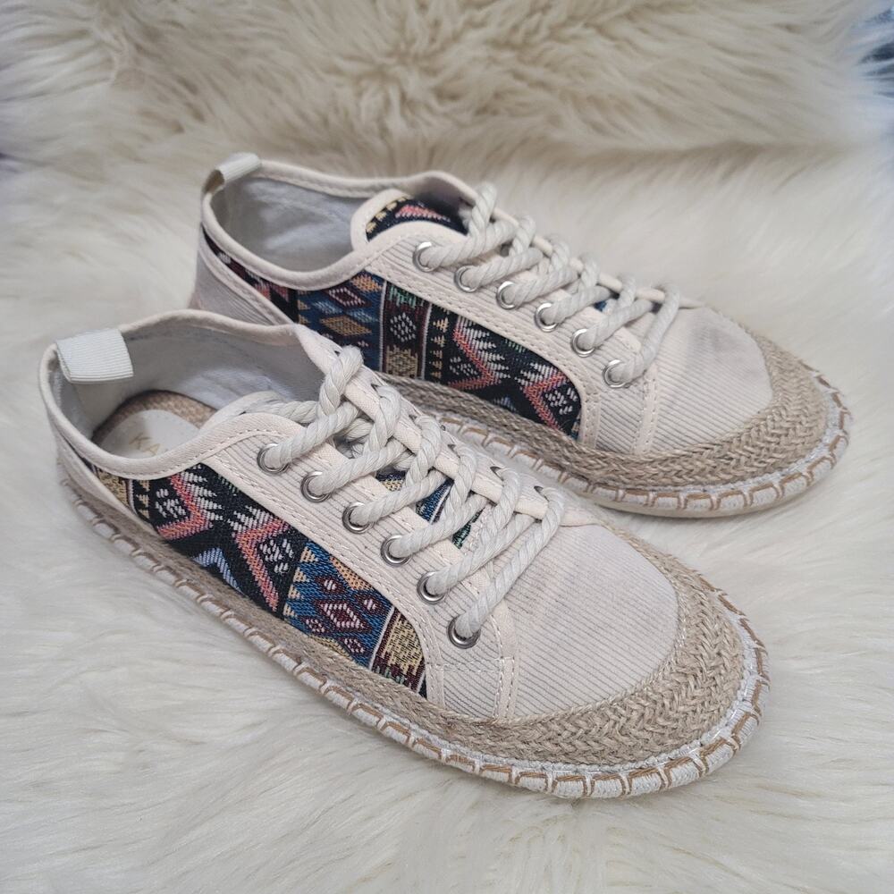 Kayleen Boho Espadrille Sneakers 7.5 Cream Corduroy Geometric Festival Cottagec